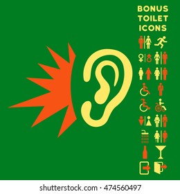 Listen Loud Sound icon and bonus man and woman toilet symbols. Vector illustration style is flat iconic bicolor symbols, orange and yellow colors, green background.