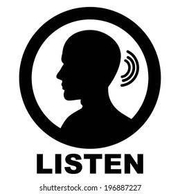 LISTEN (man silhouette with ear hearing) vector illustration 