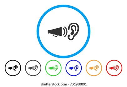 Listen Megaphone News vector rounded icon. Image style is a flat gray icon symbol inside a blue circle. Additional color versions are gray, black, blue, green, red, orange.