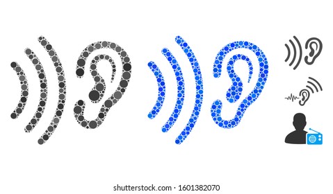 Listen mosaic of round dots in variable sizes and color tones, based on listen icon. Vector round dots are grouped into blue illustration. Dotted listen icon in usual and blue versions.