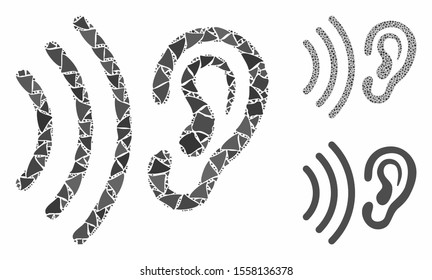 Listen mosaic of rugged items in different sizes and shades, based on listen icon. Vector trembly parts are composed into collage. Listen icons collage with dotted pattern.