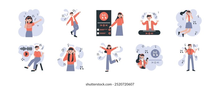 Listen to Music Character flat illustration set. Include of music, happy, man, listen, and earphones. Vector illustration isolated