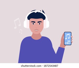 Listen Music concept. Young man holds mobile phone with music. Vector illustration in a flat style