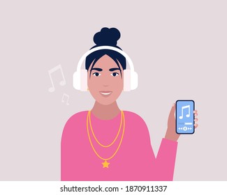 Listen Music concept. Young woman holds mobile phone with music. Vector illustration in a flat style