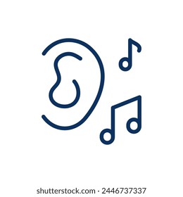 Listen Music and Hearing Icon. Thin Line Illustration of Audio Enjoyment, Ear and Musical Notes, Representing Learning the Basics of Music, Sound, Melody, and Hearing. Isolated Outline Vector Sign.	