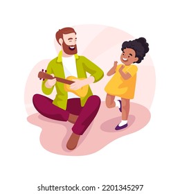Listen to music isolated cartoon vector illustration. Infant listens to music, adult sings and plays instrument for baby, mental skills development, daycare center, child care vector cartoon.