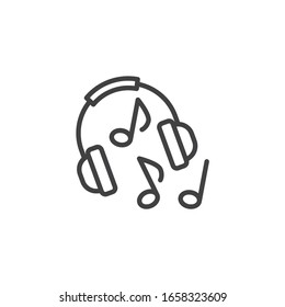 Listen to music line icon. linear style sign for mobile concept and web design. Headphones and music notes outline vector icon. Sound record symbol, logo illustration. Vector graphics