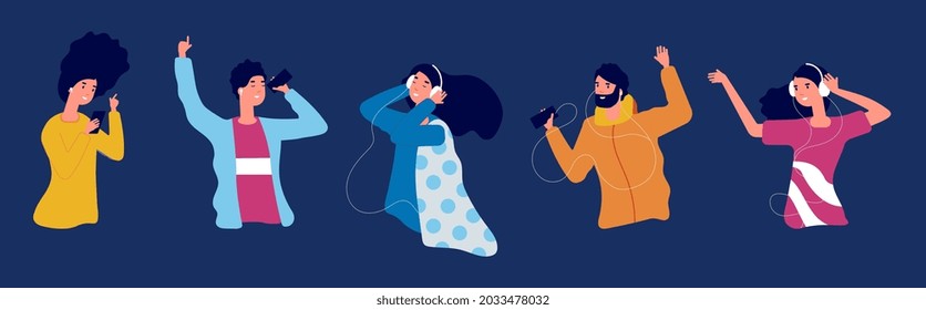 Listen music. Online radio podcast, musical sounds listening. People in white headphones dancing. Positive persons with smartphones vector characters