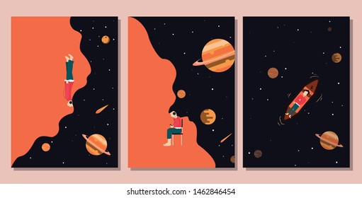 listen music poster set with galaxy theme , flat vector illustration