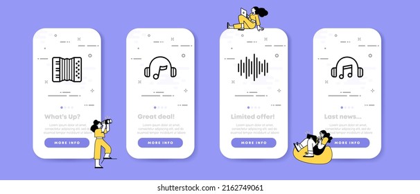 Listen to music set icon. Harmonica, headphones, note, sound, recording. Hobby concept. UI phone app screens with people. Vector line icon for Business and Advertising.