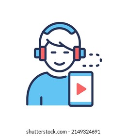 Hören Sie Musik durch die App - Vektorgrafik-Design einzelne Symbol auf weißem Hintergrund. Hochwertiges schwarzes Piktogramm mit roten und blauen Farben. Bild von Teenagermelodien durch Kopfhörer
