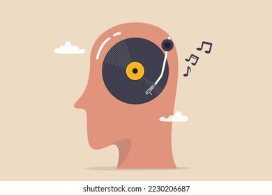 Listen to music while study or working, melody to relax or enjoy life, psychology or chill music help emotional concept, human head with vinyl record playing song in his head metaphor of music lover.