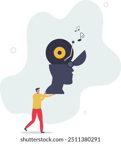 Escuchar música mientras estudias o trabajas, melodía para relajarse o disfrutar de la vida, psicología o música chill ayuda a concepto emocional. diseño plano con las personas.