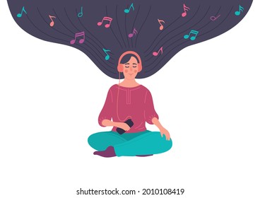 Listen to music. Woman in lotus pose rests and listens to relax melody. Girl with mobile and hair full of notes. Relaxing, lounge, light, chill-out, downtempo, easy, or smooth music concept.