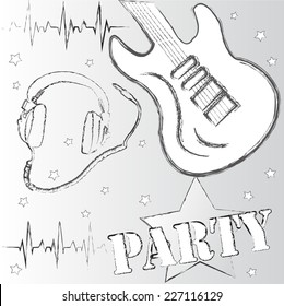 Listen to music.Party time.Electrik guitar and handset .Music is my life . Pulse.