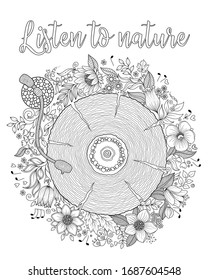 "Listen to the nature". Print for coloring book page for adults.