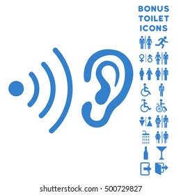 Listen News icon and bonus gentleman and female lavatory symbols. Vector illustration style is flat iconic symbols, cobalt color, white background.