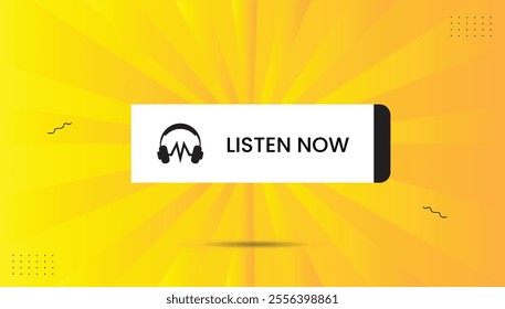Listen Now vector icon label, ideal for stickers. EPS format, fully editable template design. Features black and white shapes with a yellow-orange gradient abstract background. Perfect for headphones