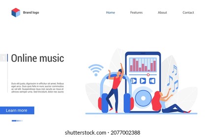 Listen online music digital technology vector illustration. Cartoon modern landing page for web music phone player with people listening songs, mp3 album playlist or radio podcast via smartphone