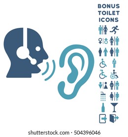 Listen Operator icon and bonus man and woman WC symbols. Vector illustration style is flat iconic bicolor symbols, cyan and blue colors, white background.