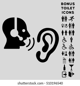 Listen Operator icon and bonus man and woman WC symbols. Vector illustration style is flat iconic symbols, black color, light gray background.