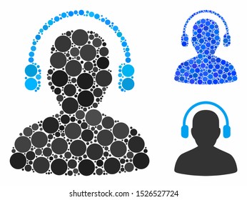 Listen operator mosaic for listen operator icon of round dots in variable sizes and color tints. Vector dots are combined into blue illustration.