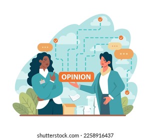 Listen to other opinion. People feedback to improve work quality. Communication and collaboration skill development. Flat vector illustration