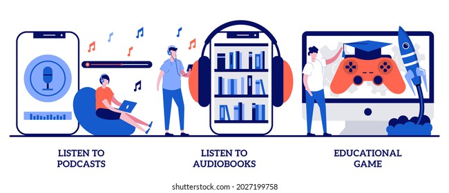 Listen to podcast and audio books, educational game concept with tiny people. Educational resources abstract vector illustration set. Radio show, online application, gamified learning system metaphor.
