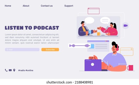 Listen to podcast banner with speakers people in headphones with microphones and listening person with laptop. Vector landing page of online audio broadcast with flat illustration