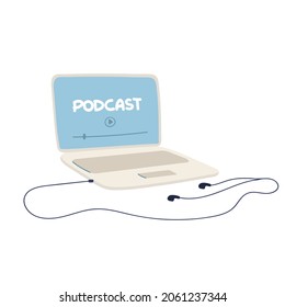 Hören Sie sich Podcast Concept Design an. Laptop mit Kopfhörern. Podcast. Laptop-Bildschirm mit Kopfhörern. Vektorbanner-Illustration. Handzeichnung