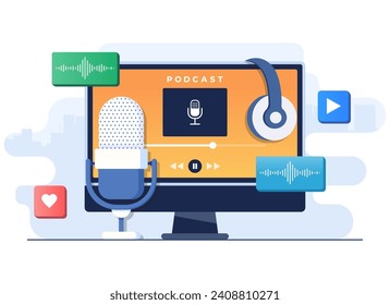 Listen to podcast on computer screen flat illustration vector template, Recording webinar, tutorial, online course, podcast, Radio host workplace, Broadcasting podcast online, Online communication