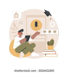 Escuche podcasts abstracto concepto de ilustración vectorial. Tiempo de repuesto en cuarentena de covid-2019. Programas de audio, podcasts educativos, programa de radio binge-escucha, metáfora abstracta de entrevistas.