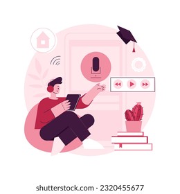 Listen to podcasts abstract concept vector illustration. Spare time in covid-2019 quarantine. Audio programmes, educational podcasts, radio show binge-listening, interview abstract metaphor.