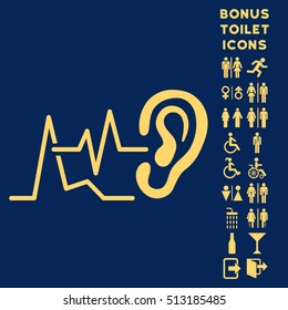 Listen Signals icon and bonus man and woman toilet symbols. Vector illustration style is flat iconic symbols, yellow color, blue background.