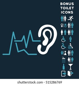 Listen Signals icon and bonus man and woman lavatory symbols. Vector illustration style is flat iconic bicolor symbols, blue and white colors, dark blue background.
