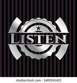 Listen silver shiny badge. Vector Illustration. Mosaic.