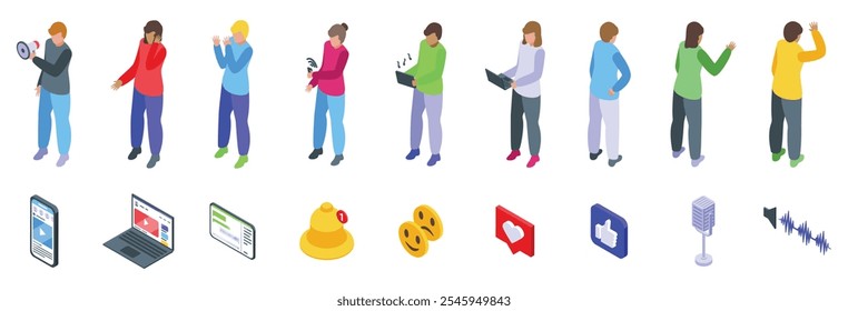 Listen social media icons set. Isometric set of people creating and interacting with online content, accompanied by relevant social media icons