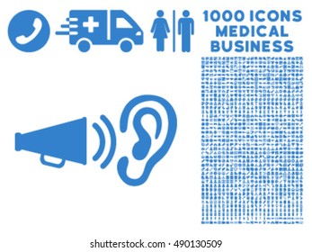 Listen Sound icon with 1000 medical business cobalt vector pictographs. Design style is flat symbols, white background.