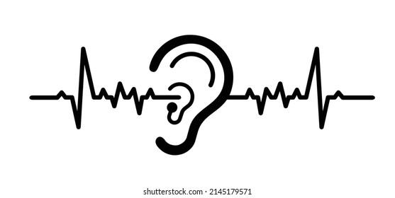 Listen, Sound Signal Wave. Symbol For Deafness. Limited Hearing Pictogram. Ear Hearing Loss Symbol. Vector Deaf Problem, Impairment Logo. World Hearing Day Or World Deaf Day. ECG Heartbeat Line Pulse.