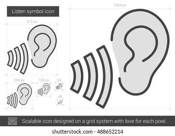 Listen symbol vector line icon isolated on white background. Listen symbol line icon for infographic, website or app. Scalable icon designed on a grid system.