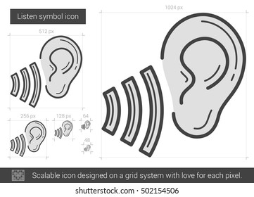 Listen symbol vector line icon isolated on white background. Listen symbol line icon for infographic, website or app. Scalable icon designed on a grid system.