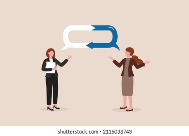 Listen to team feedback to improve work quality, communication skill or client relationship, ask and answer question for idea development concept, cheerful businesswomen share feedback for improvement