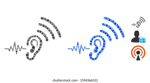 Listen and transmit mosaic of circle elements in various sizes and color tinges, based on listen and transmit icon. Vector circle elements are composed into blue collage.