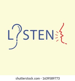 Listen typographic design. Pay attention. Vector illustration outline flat design style.