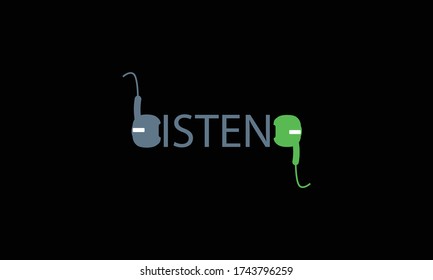 LISTEN TYPOGRAPHY HEADPHONE vector logo monogram template