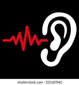 Listen vector icon. Style is bicolor flat symbol, red and white colors, rounded angles, black background.