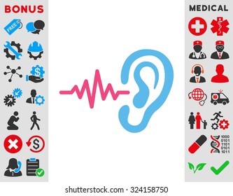 Listen vector icon. Style is bicolor flat symbol, pink and blue colors, rounded angles, white background.
