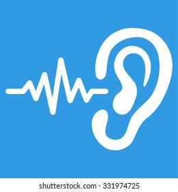 Listen vector icon. Style is flat symbol, white color, rounded angles, blue background.