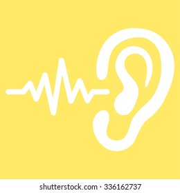 Listen vector icon. Style is flat symbol, white color, rounded angles, yellow background.