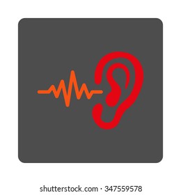 Listen vector icon. Style is flat rounded square silver button with red symbol, white background.